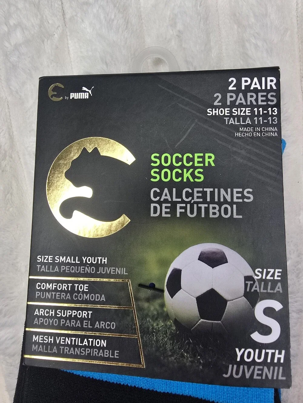 New Puma ProCat Youth Soccer Crew Socks - Black & Blue (2-Pack) Size 11-13